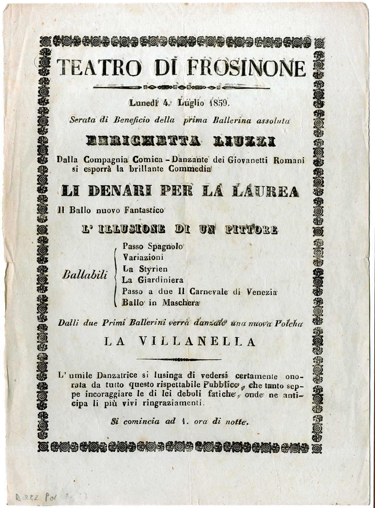 Frosinone, Archivio di Stato, Delegazione apostolica, Direzione provinciale di polizia, Titolo I/3, b.23/B, &ldquo;1857-1859&rdquo;, f.77- Volantino