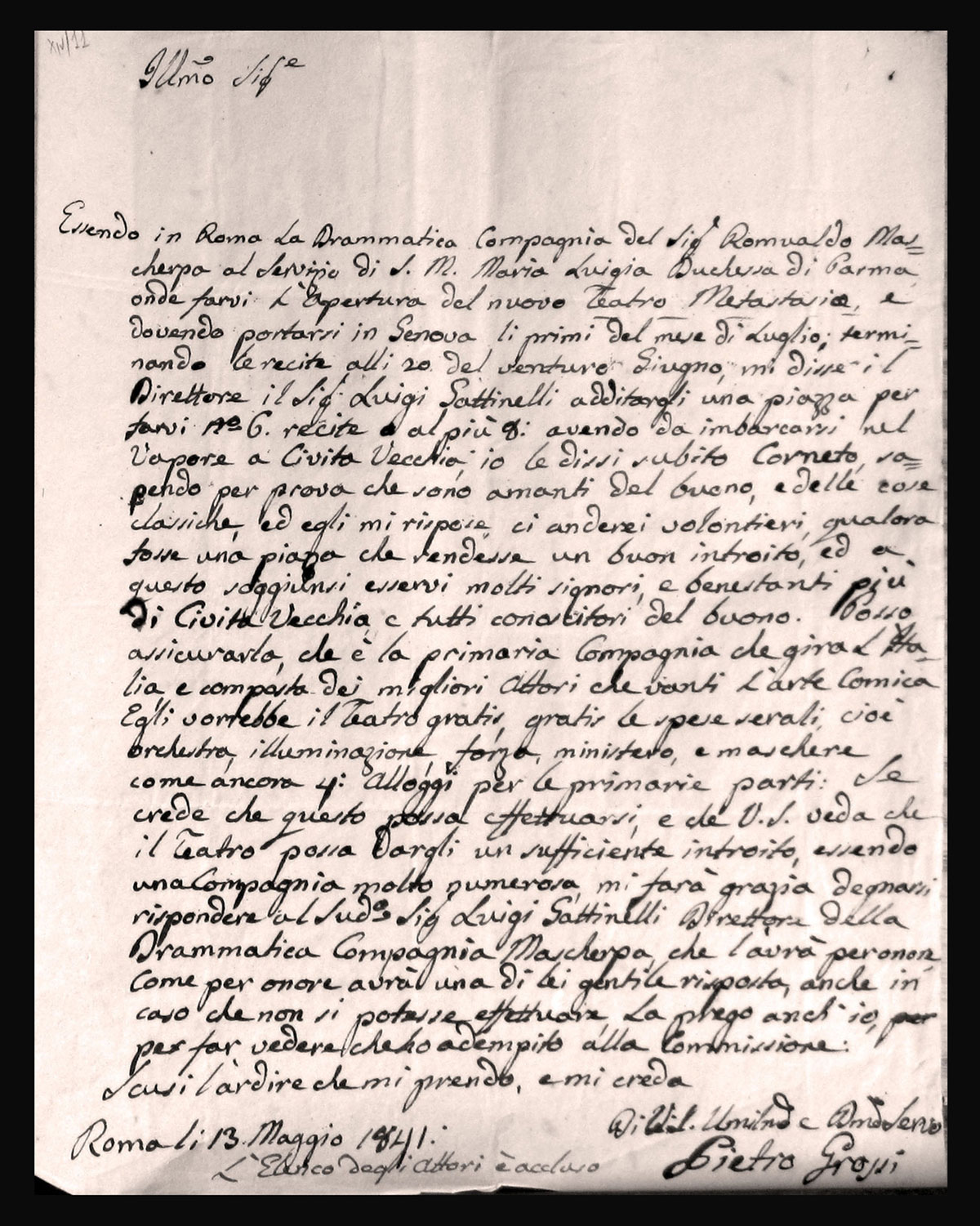 Corneto Tarquinia, 1841. Lettera di Pietro Grossi: la Compagnia di Romualdo Mascherpa