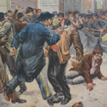 Dettaglio da: Belgio. I moti di Bruxelles per il suffragio universale e i sanguinosi scontri con le forze dell'ordine (Tribuna illustrata, 27 aprile 1902)